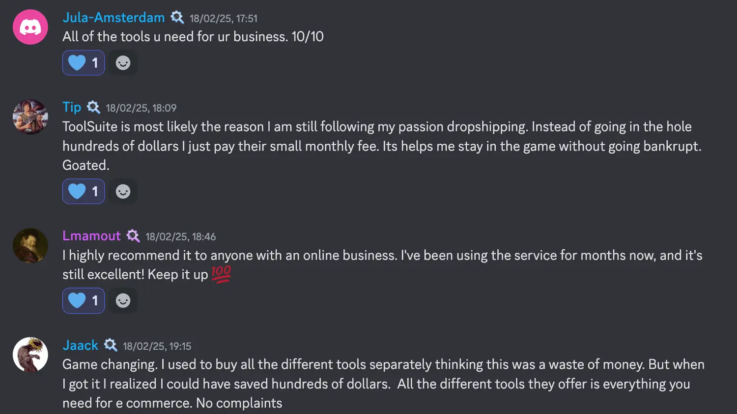 User testimonial on Discord about ToolSuite